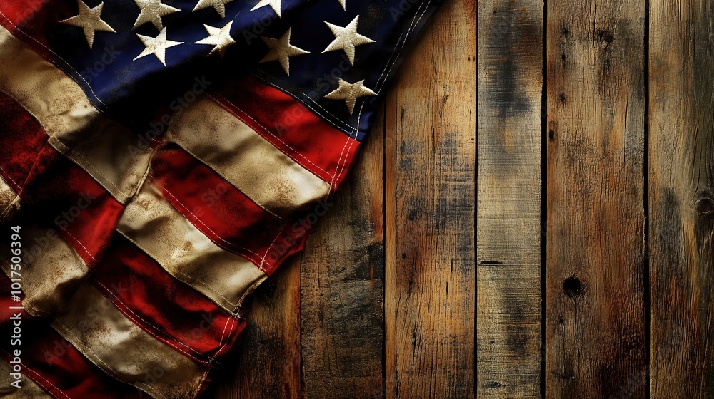 Fototapeta premium Vintage American flag resting against a grunge wooden background, providing ample copy space for national holiday themes or patriotic events. The retro flag design and weathered wood texture evoke a s