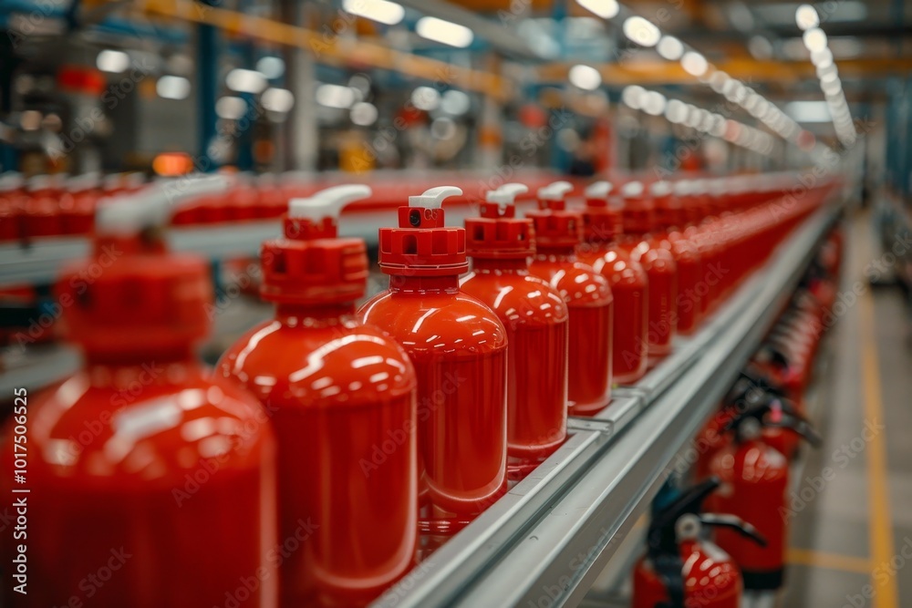 Obraz premium Fire extinguishers demonstrated in use during emergency response at the manufacturing facility
