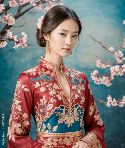 Elegant Asian woman in traditional embroidered dress posing gracefully among cherry blossoms