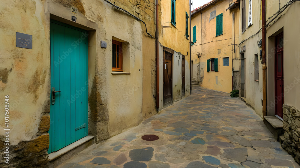 Narrow Cobblestone Street in a Historic European Village. Narrow Cobblestone Street in a Historic European Village.