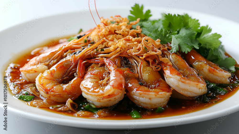 Juicy shrimp stir-fried in a savory sauce, topped with crispy fried shallots and garnished with fresh cilantro. A flavorful dish that combines tender seafood with a crispy and aromatic finish. Juicy shrimp stir-fried in a savory sauce, topped with crispy fried shallots and garnished with fresh cilantro. A flavorful dish that combines tender seafood with a crispy and aromatic finish.