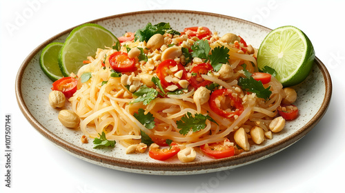 A vibrant spicy noodle salad topped with fresh cilantro, crunchy peanuts, and slices of red chili. Served with lime wedges for a tangy twist, this refreshing dish is full of bold flavors and textures.