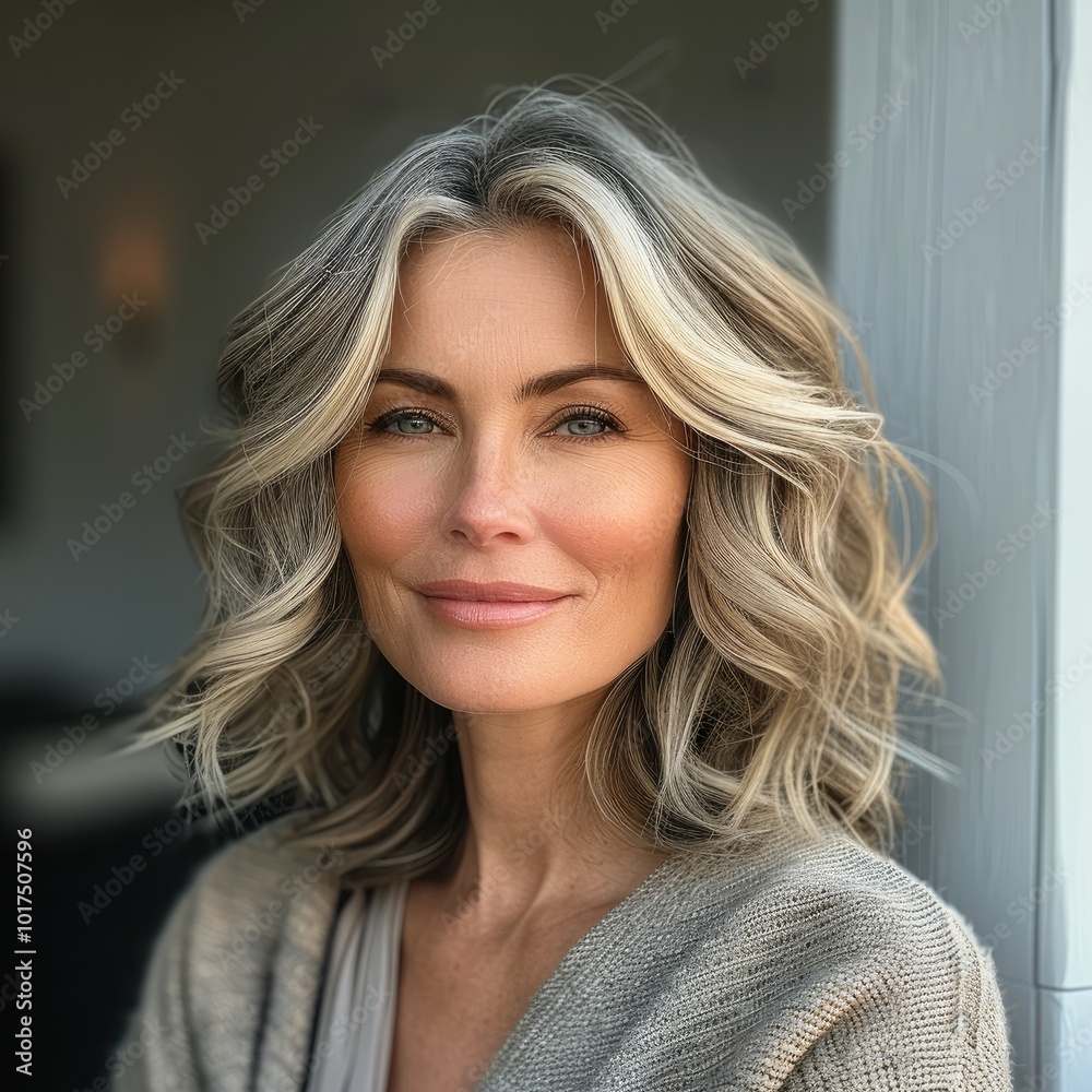 A pretty 50 year old woman with Stacked Bob with Soft Waves hairstyle, smiling. A pretty 50 year old woman with Stacked Bob with Soft Waves hairstyle, smiling.