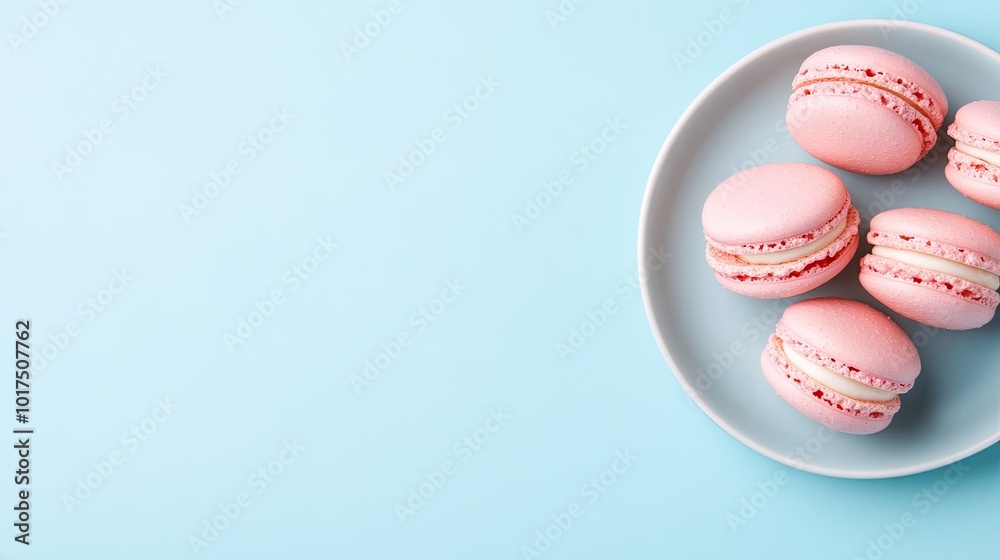 Fresh Pink Macarons on a Light Blue Background Fresh Pink Macarons on a Light Blue Background