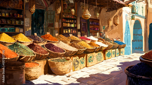 Vibrant moroccan market stalls showcasing diverse spices and ingredients. Moroccan Souk. Illustration
