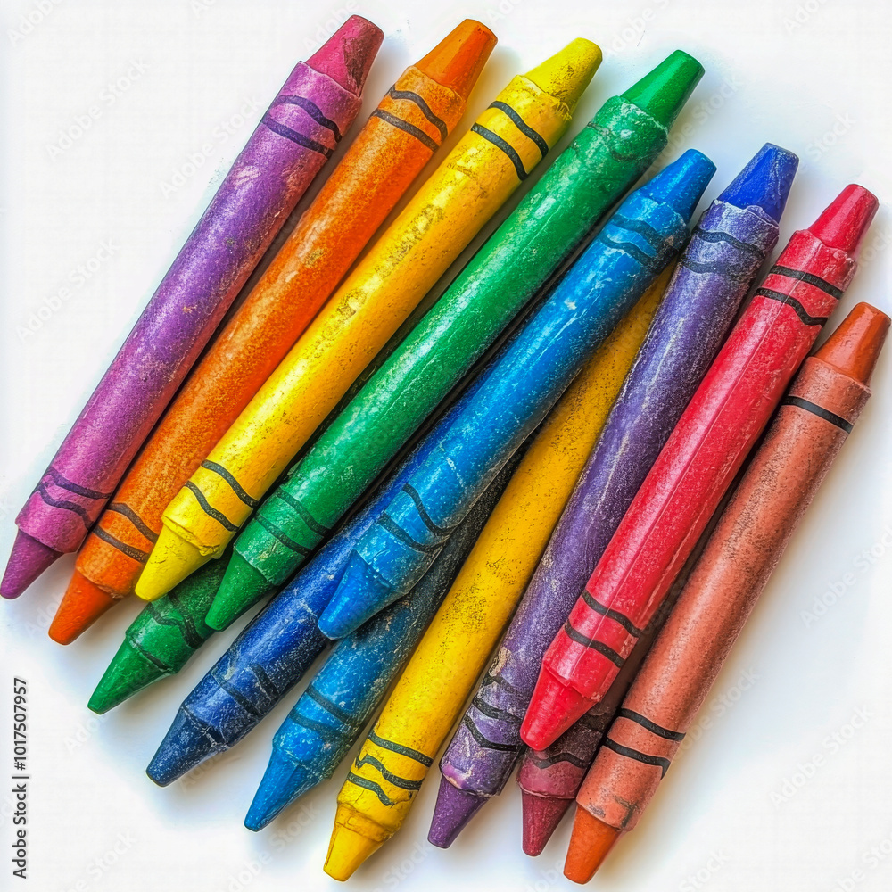 Thirteen colorful crayons randomly arranged in a mix of colors Thirteen colorful crayons randomly arranged in a mix of colors