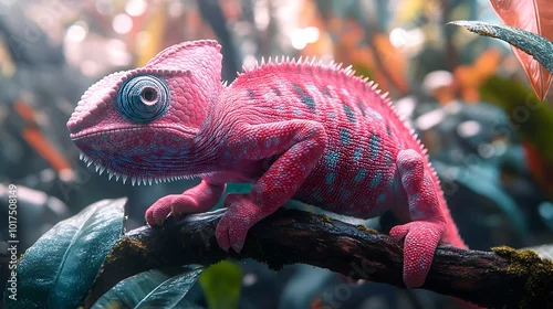 Fototapeta A vibrant pink chameleon perched on a branch, showcasing its intricate patterns and striking color.