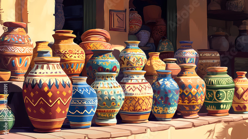Vibrant pottery display at a moroccan market. Moroccan Souk. Illustration