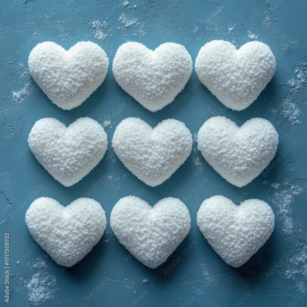 Fototapeta premium Heart-shaped snowballs displayed artistically on a bright blue background for Valentine's theme