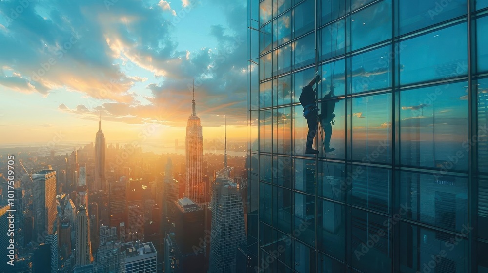 Window cleaners work on a skyscraper in a bustling city at sunset, with a breathtaking cityscape view in the background. Window cleaners work on a skyscraper in a bustling city at sunset, with a breathtaking cityscape view in the background.