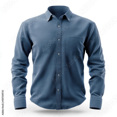 Blue shirt featuring button-down collar, neatly folded on wooden table with soft natural light, creating a stylish and casual vibe.