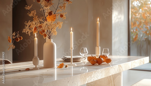 A cozy autumn-themed dining room with soft, earthy tones. The centerpiece is a sleek dining table made of marble, with its subtle beige hues. photo