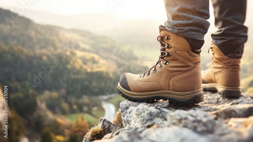 Close up man hiking boots on rocky mountain peak in the natural forest