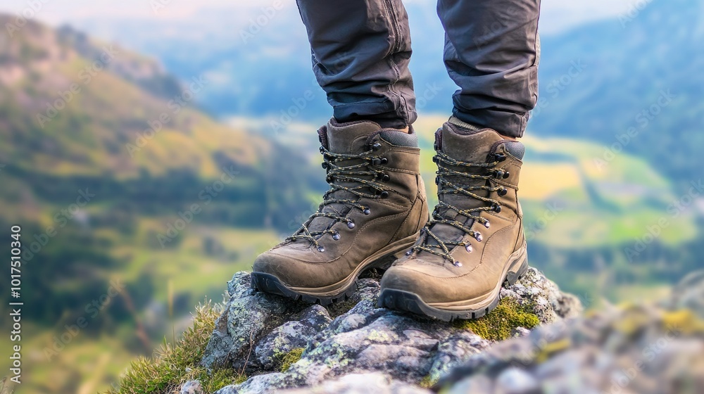 Close up man hiking boots on rocky mountain peak in the natural forest