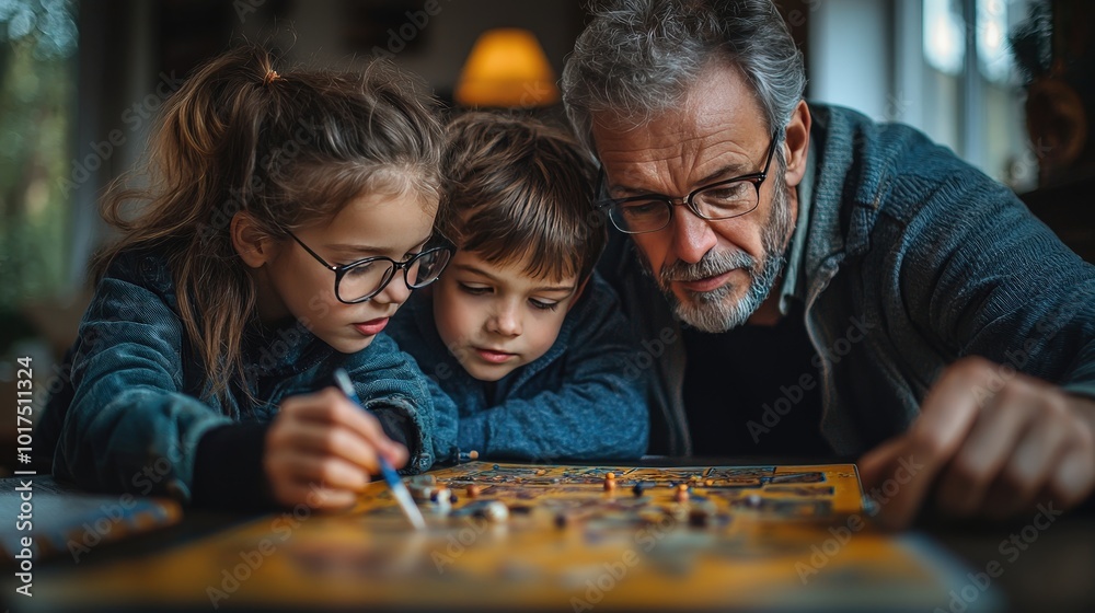 Grandfather shares a joyful game night with grandkids, fostering connection and laughter in a cozy living room setting Grandfather shares a joyful game night with grandkids, fostering connection and laughter in a cozy living room setting