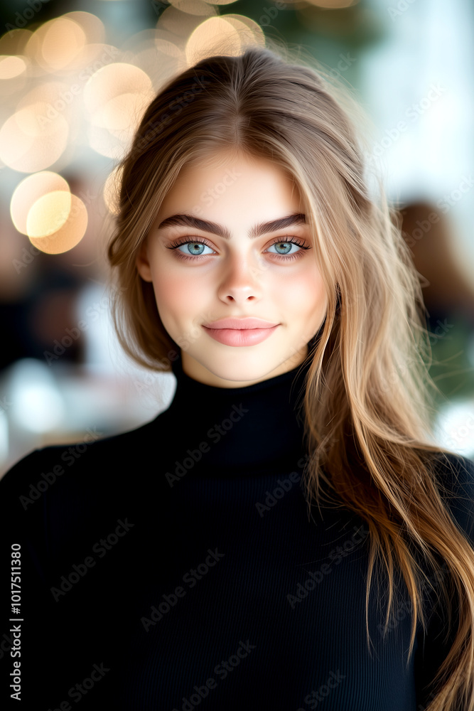 Fototapeta premium A woman with long blonde hair and blue eyes is smiling at the camera. She is wearing a black shirt and has her hair pulled back