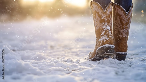 Cowboy or cowgirl western style boots in the snow photo