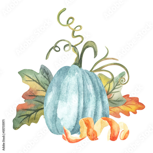 Watercolor blue pumpkin leaves, floral pumpkins, Halloween clipart, autumn design elements, fall. Harvest illustration isolated on white background.
