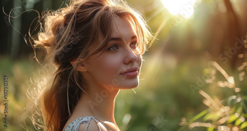 Fototapeta Naklejka Na Ścianę i Meble -  Beautiful woman in the woods, summer dress. natural lighting.