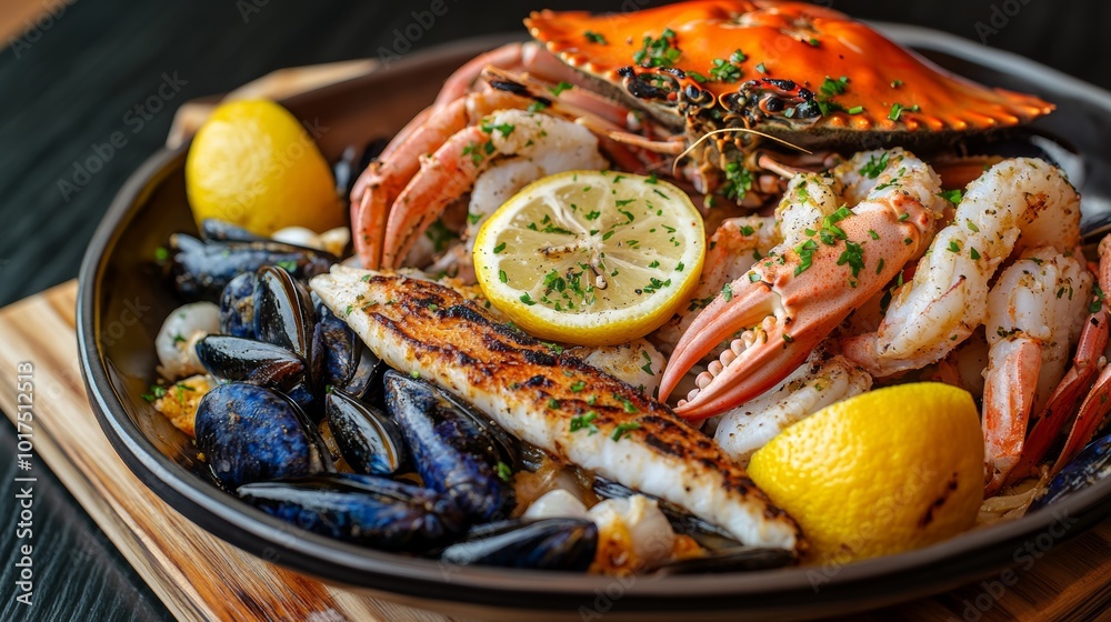Mixed Seafood Contain Blue Crabs Mussels Big Shrimps Calamari Squids and Grilled Barracuda Fish Garlic with Lemon on Dish Mixed Seafood Contain Blue Crabs Mussels Big Shrimps Calamari Squids and Grilled Barracuda Fish Garlic with Lemon on Dish