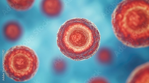 A close-up view of vibrant red and blue virus-like structures floating in a blue background, illustrating microbial life. photo