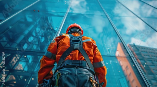 Construction worker in safety gear inspecting a modern skyscraper's glass facade from below. Urban architecture and safety concept.