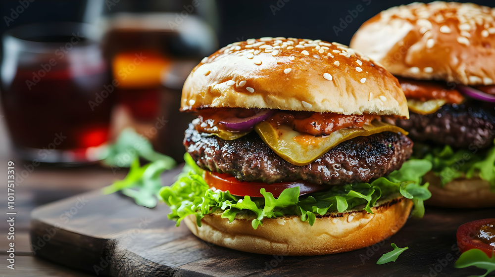 Delicious Cheeseburger with Pickles, Onions and Lettuce. Delicious Cheeseburger with Pickles, Onions and Lettuce.