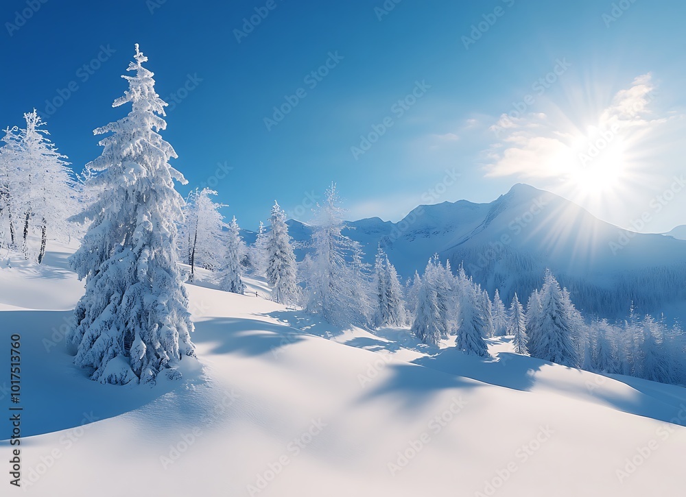 © Hameed - Beautiful winter landscape with snow-covered fir trees in the Alps mountains on a sunny day with sunlight and a blue sky background © Hameed - Beautiful winter landscape with snow-covered fir trees in the Alps mountains on a sunny day with sunlight and a blue sky background