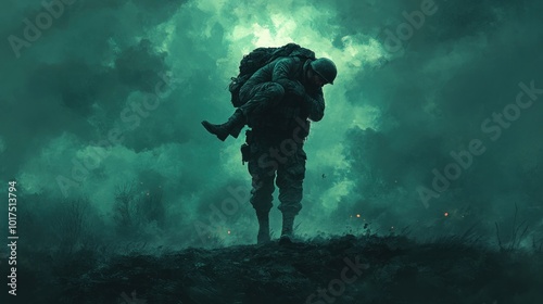 A soldier carries an injured comrade amidst a dramatic, smoky backdrop, symbolizing heroism.