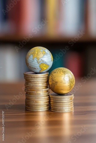 Globes on coin stacks, focus on economy