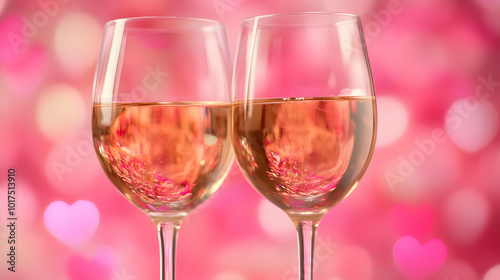 Two Glasses of Rose Wine on Pink Heart Background.