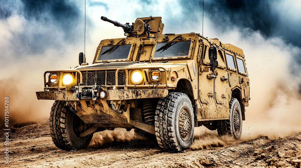 Obraz premium Military Humvee Driving Through Desert Dust.