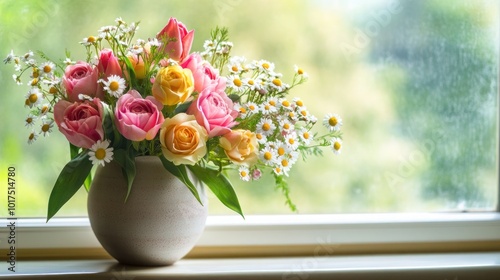 Wallpaper Mural A fresh summer bouquet of roses, tulips, and daisies arranged in a simple ceramic vase on a windowsill. Torontodigital.ca