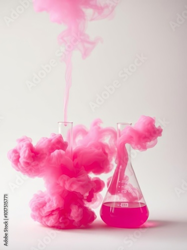 Vibrant pink smoke billows from two laboratory flasks creating a striking visual effect against a white backdrop Smoke Explosion Backdrop