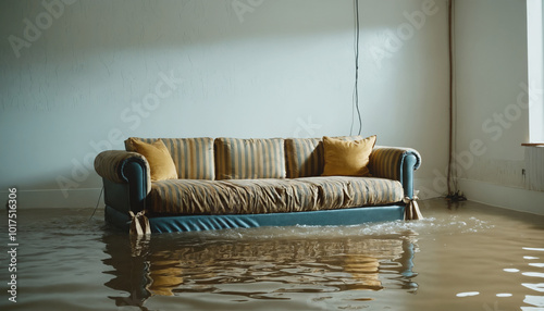 water leak or flood causes flooded living room with a sofa, a couch, indoor, water damage and water damage indoor, floating sofa, knee deep water in the living room photo