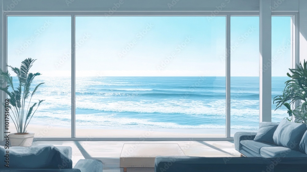 Fototapeta premium Cozy Interior Scene with Ocean View