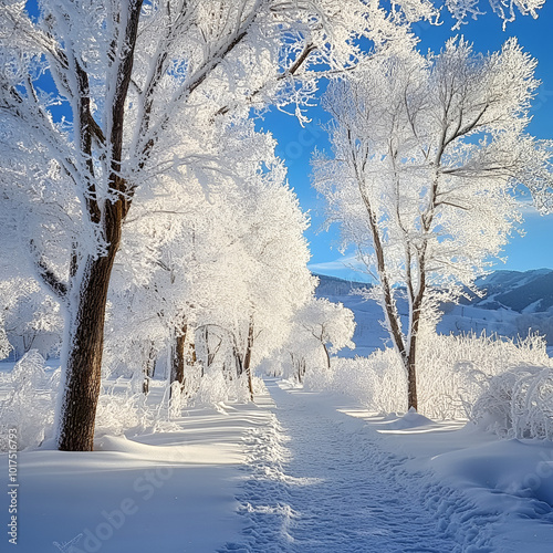 Frosty Winter Wonderland, Snow-Covered Forest Path