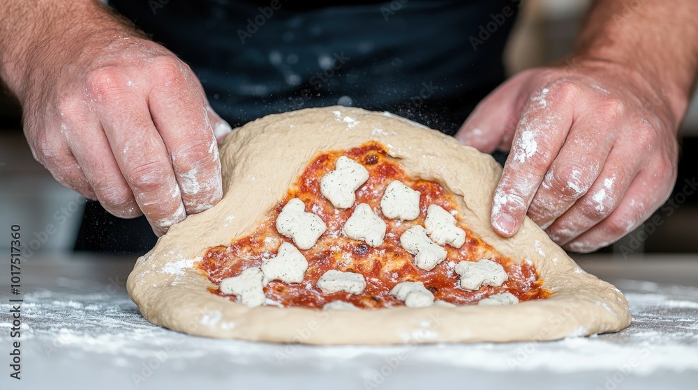 Closeup of Hands Shaping Pizza Dough with Tomato Sauce and Cheese Toppings Closeup of Hands Shaping Pizza Dough with Tomato Sauce and Cheese Toppings