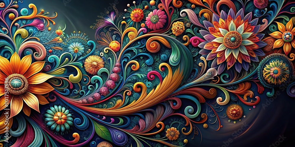 Abstract floral art with swirling patterns on dark background Abstract floral art with swirling patterns on dark background