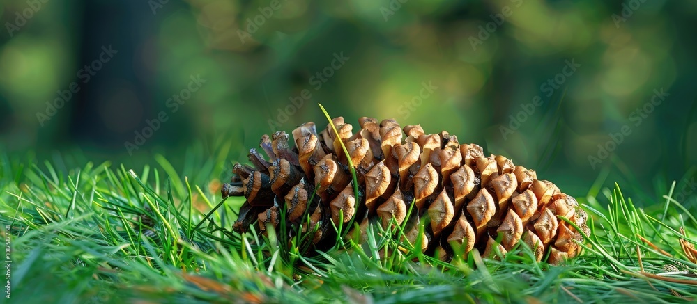 Fototapeta premium Dried Pine Cone on Grass Close Up