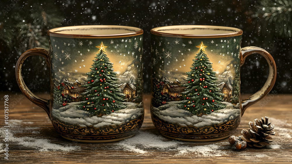 Christmas mugs with winter scene. Christmas mugs with winter scene.