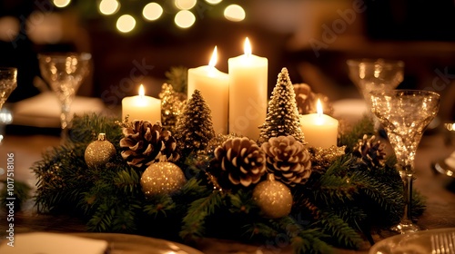 Stunning Christmas table centerpiece featuring candles, pine cones, and festive greenery, illuminated by warm golden lighting, ready for an elegant holiday dinner with high detail