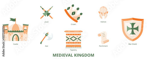 Medieval Kingdom Flat Banner Web Icon Set Vector Illustration, Castle Crown Tapestry Joust Helmet War Shield Axe Parchment