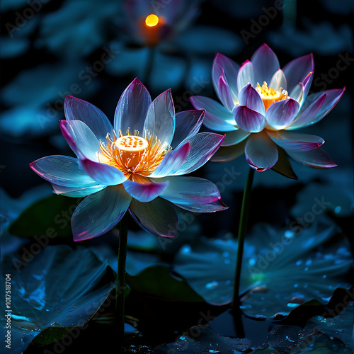 Transparent lotus flowers on a dark background. Electrophotography.
 photo