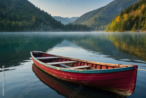 A colorful boat in a tranquil lake photo