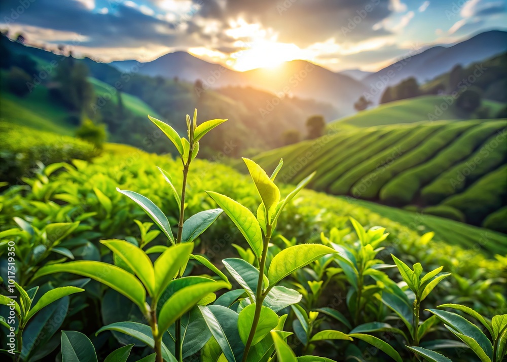 In lush greenery, fresh tea buds and leaves flourish, representing nature’s delicate harvest. This vibrant environment radiates peace and highlights