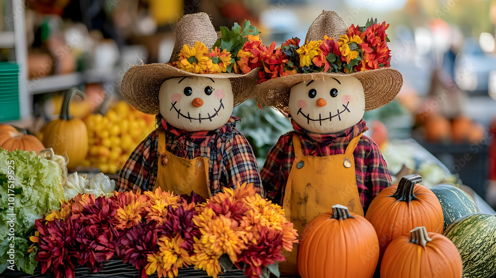 Two Fall Scarecrows with Pumpkins and Flowers. Two Fall Scarecrows with Pumpkins and Flowers.