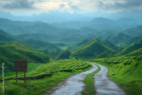 Mountain landscape with road and green tea plantations  photo