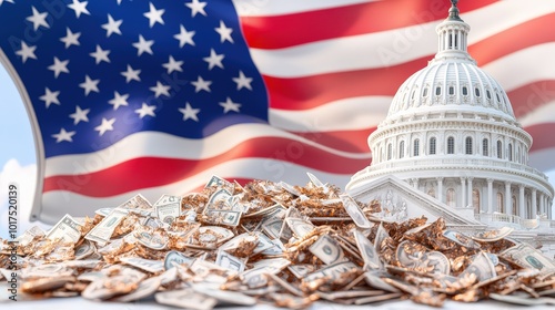 US Capitol Building  American Flag  and Pile of Money