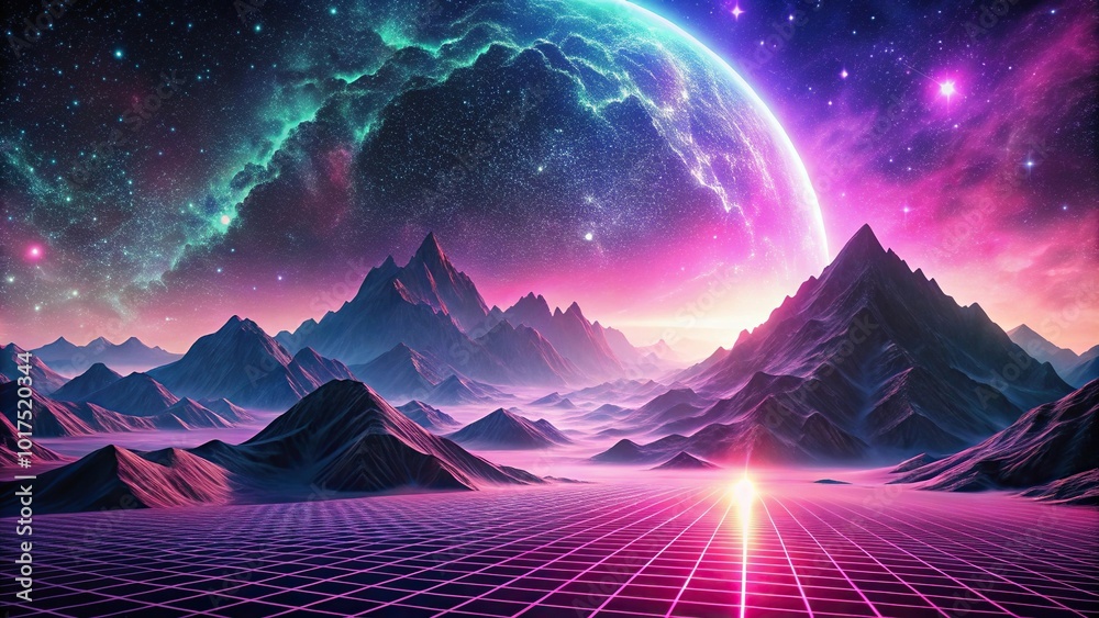 Abstract cosmic landscape with mountains and a pink horizon Tilted Angle Abstract cosmic landscape with mountains and a pink horizon Tilted Angle